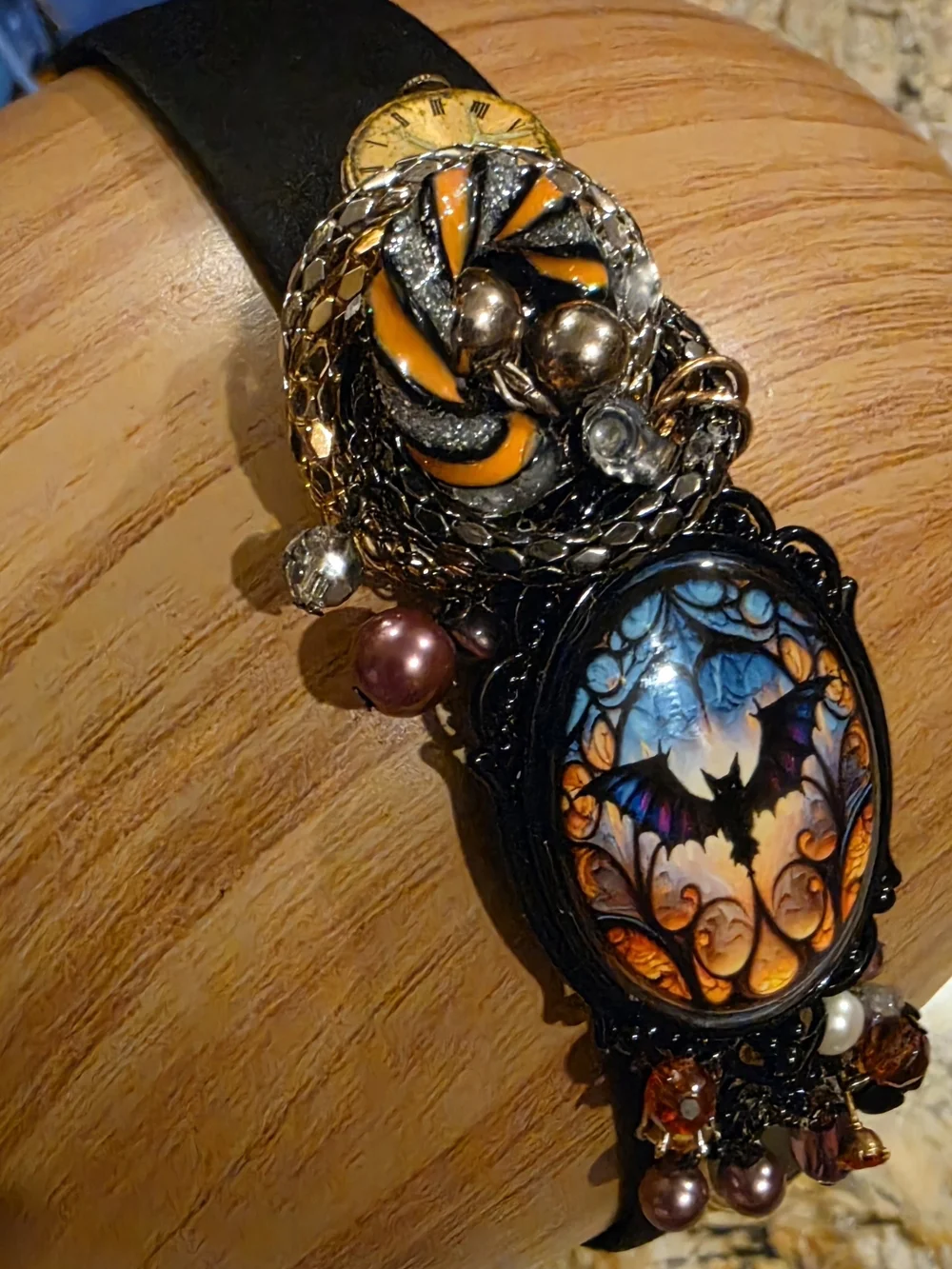 Black Headband with Orange & Purple Bat Cameo and Beaded Accents